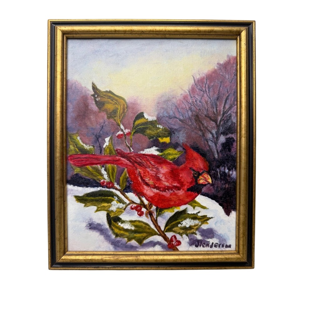 Original Oil Painting Red Cardinal Winter Snow Signed Henderson 1988 Framed